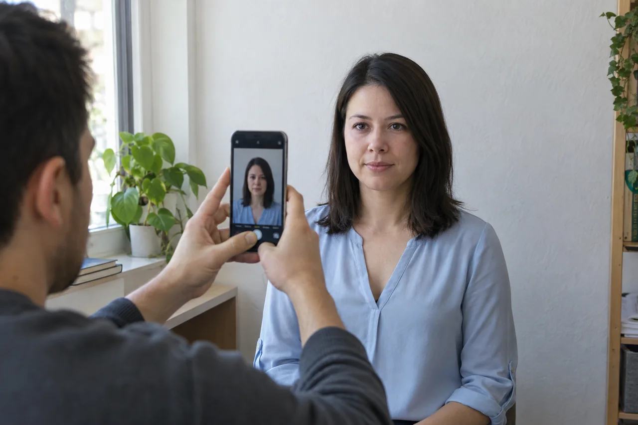 Женщину фотографируют на смартфон у светлой стены для подготовки фото на документы — иллюстрация формата
